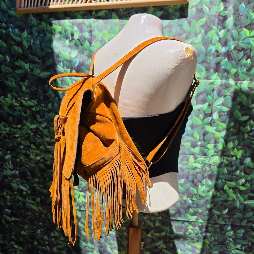 Cognac Brown Suede Fringe Backpack Boho Western Drawstring Bag Women